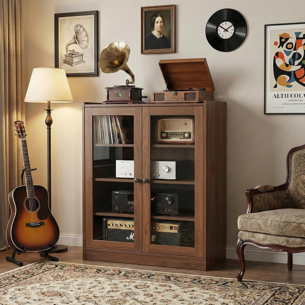 holzart Audio Stereo Cabinet with Glass Doors, 35.4" Tall Vintage AV Com...
