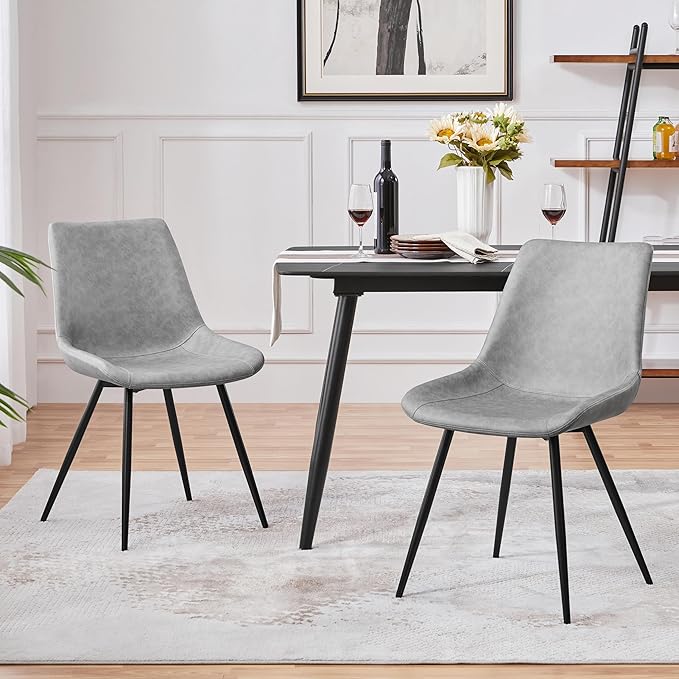 Yaheetech Dining Chairs Set of 2 Modern Upholstered Dining Room Chairs with Faux Leather Seat and Metal Legs for Home, Kitchen, Armless Design, Gray