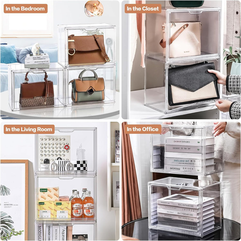 5 Packs Clear Handbag Storage Organizer for Closet, Purse Organizer Acrylic Display Case for Handbag, Stackable Storage Box with Magnetic Door for Wallet Book Toys Collectibles