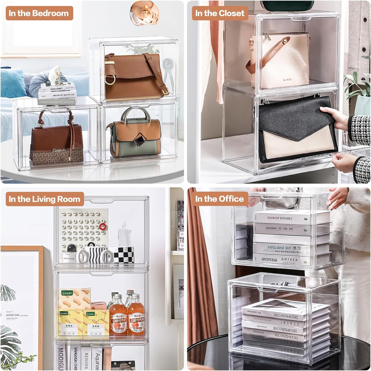 4 Packs Clear Handbag Storage Organizer for Closet, Acrylic Display Case for Purse Handbag, Stackable Purse Organizer Storage Box with Magnetic Door for Wallet Book Toys Collectibles