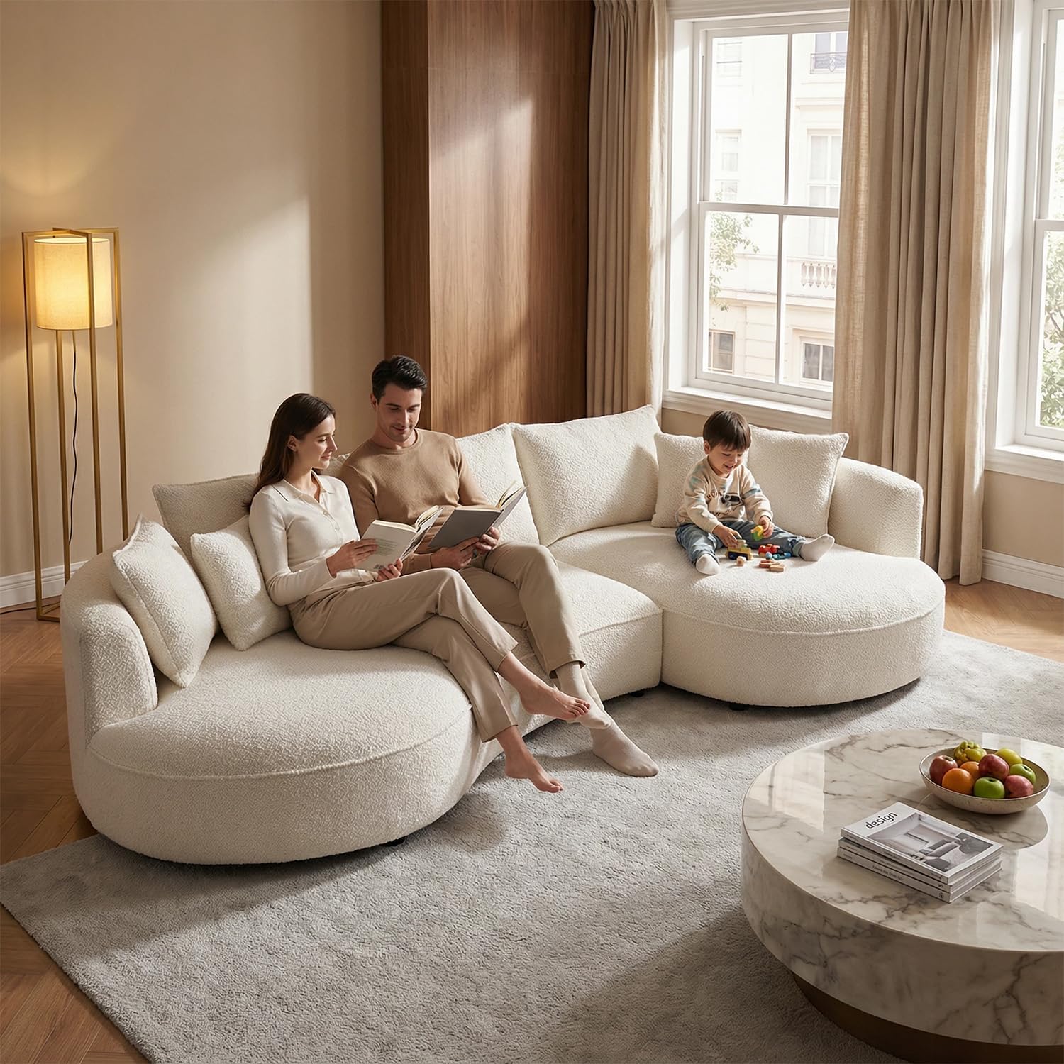 Oversized Curved Sectional Sofa, 125", 5-Seater, Upholstered, Boucle, Cloud | Boucle Upholstered Modular Couch with Chaise, Deep Seat Luxury Cloud Sofa, for Living Room, Apartment, Right Facing, Beige