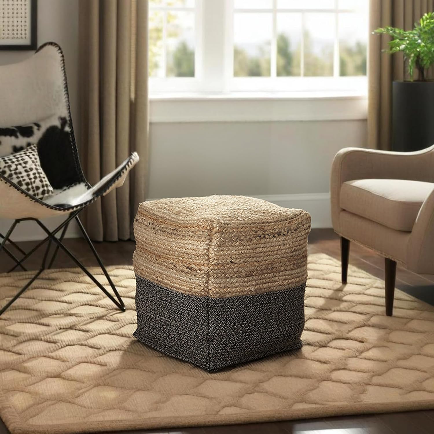 Signature Design by Ashley Sweed Valley Farmhouse Jute Braided Pouf, 17.5 x 20.25 inches, Natural & Black