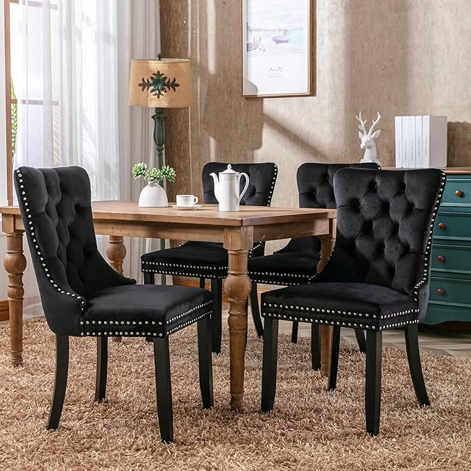 Modern Dining Chairs Set of 4, Tufted Upholstered Dining Chair with Solid Wood Legs, Black Velvet Accent Chair, Sillas de Comedor, 4 Dining Chairs (Black, Velvet, 4Pcs)