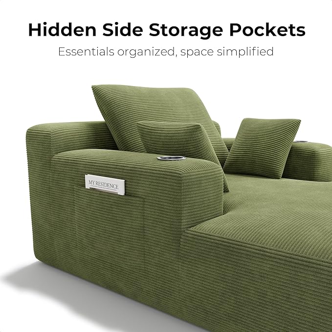 LIKIMIO 71.6" Oversized Chaise Lounge Chair Indoor with Cup Holders & Storage - Corduroy Sofa Bed for Living Room, Reading Nook, or Bedroom, No Assembly Cloud Couch (Green)