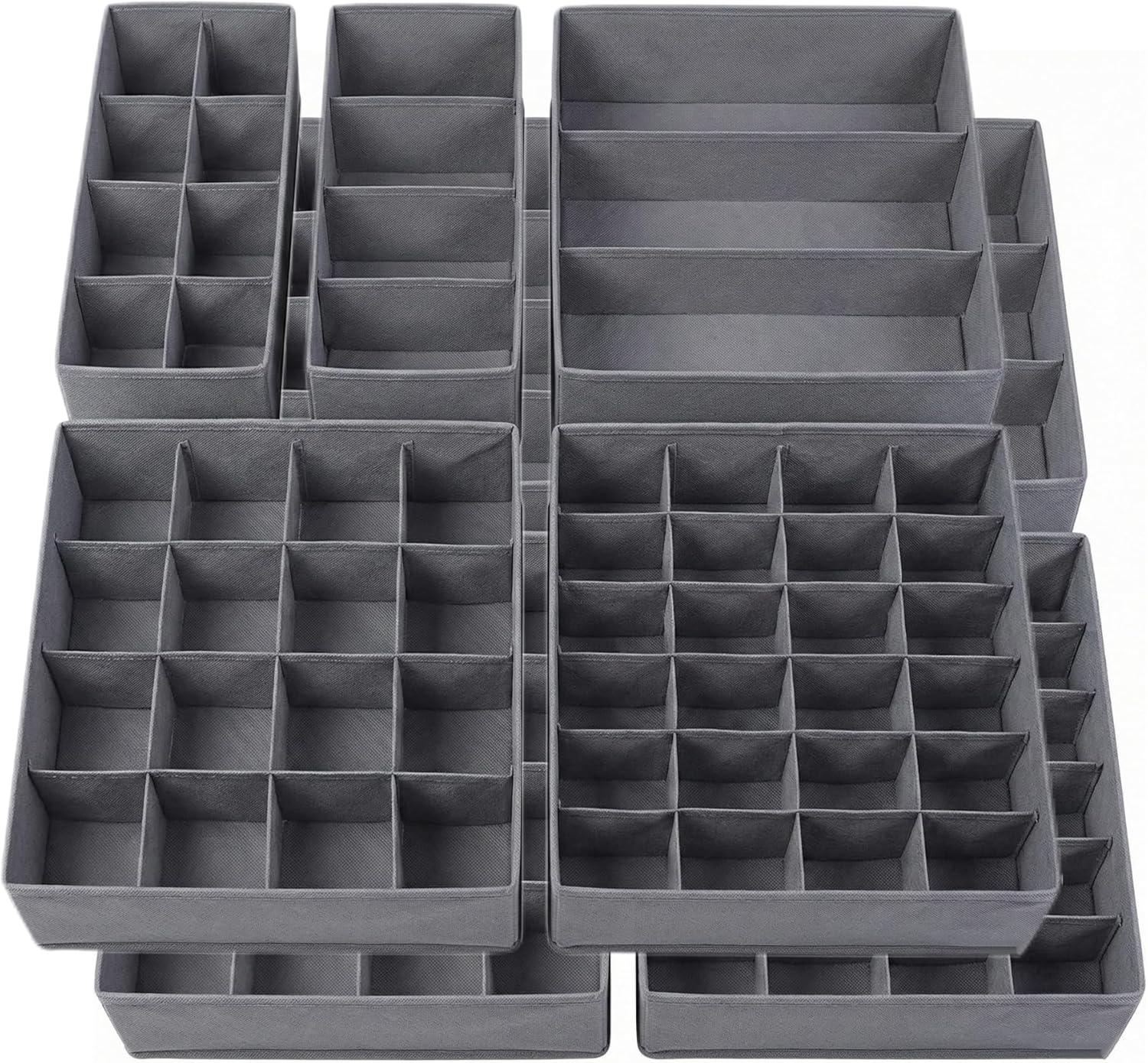 Lourome Underwear Drawer Organizer, 10-Pack, for Socks, Bras, Tie, Grey | Fits Standard 13"+ Dressers, 110 Compartments, Storage Bins for Bedroom, Closet & Bathroom