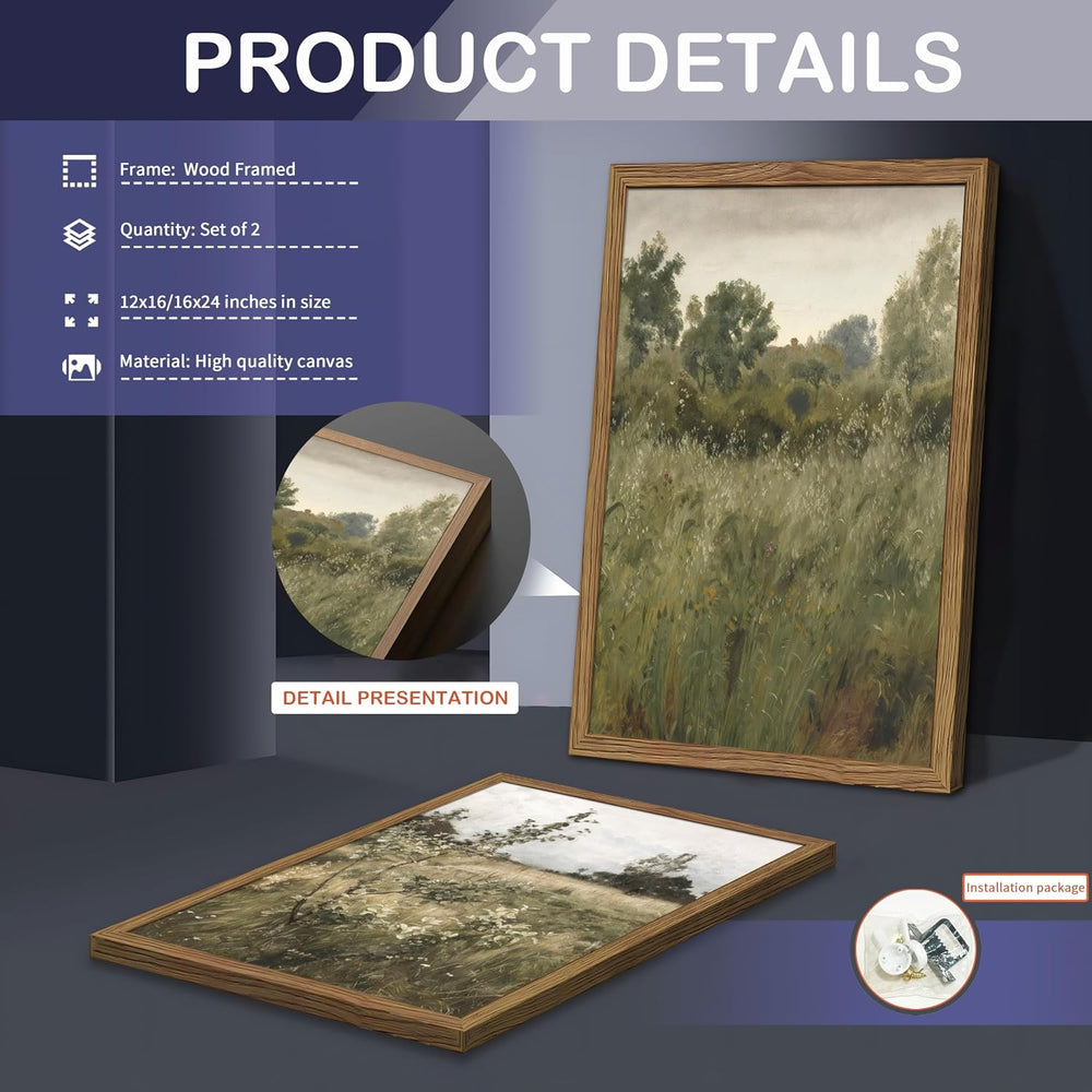 Vintage Landscape Wall Art Set of 2, Green Natural Wilderness Farmhouse Canva...