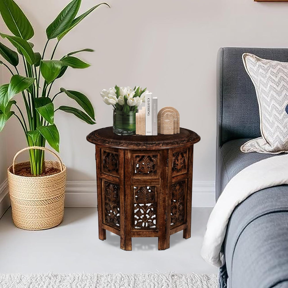 Round Wood Coffee Table - 18” Carved Small Accent Side Table with Burnt Finis...
