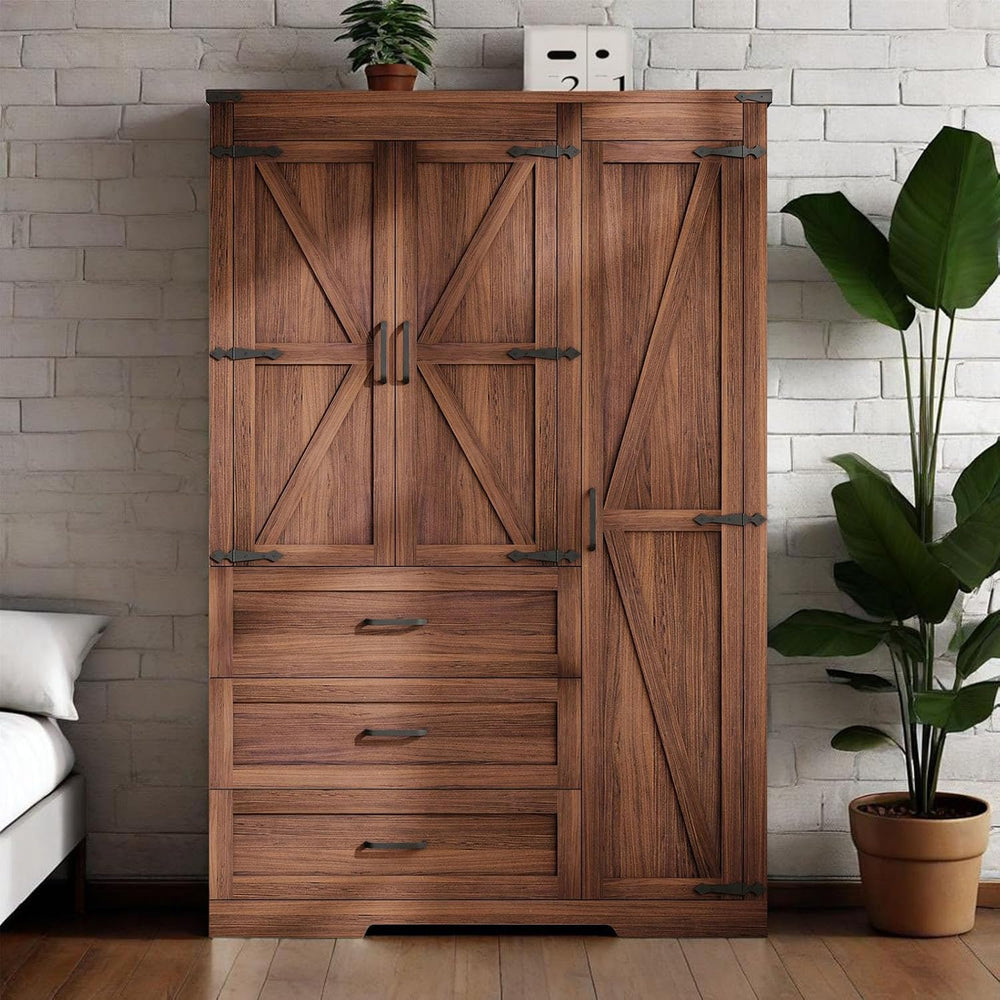 70" Tall Wardrobe Closet with 3 Doors & 3 Drawers, Farmhouse Armoire...