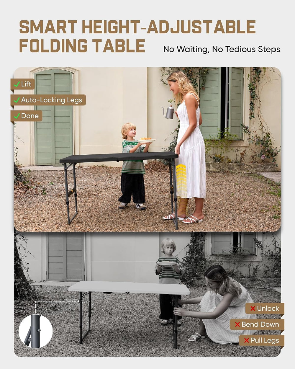 FanttikOutdoor Folding Table 4 Foot Quick Adjust, 4 Heights Camping, Party | ...