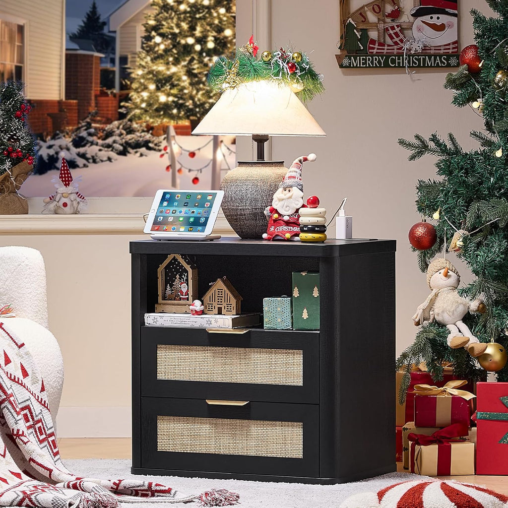 LEYAOYAO Rattan Nightstands with Charger Station, 23" Wide Boho Night Stand with 2 Drawers, Black Bedside Table Open Shlef, Bed Side End Table Dresser for Bedroom, Living Room Hallway