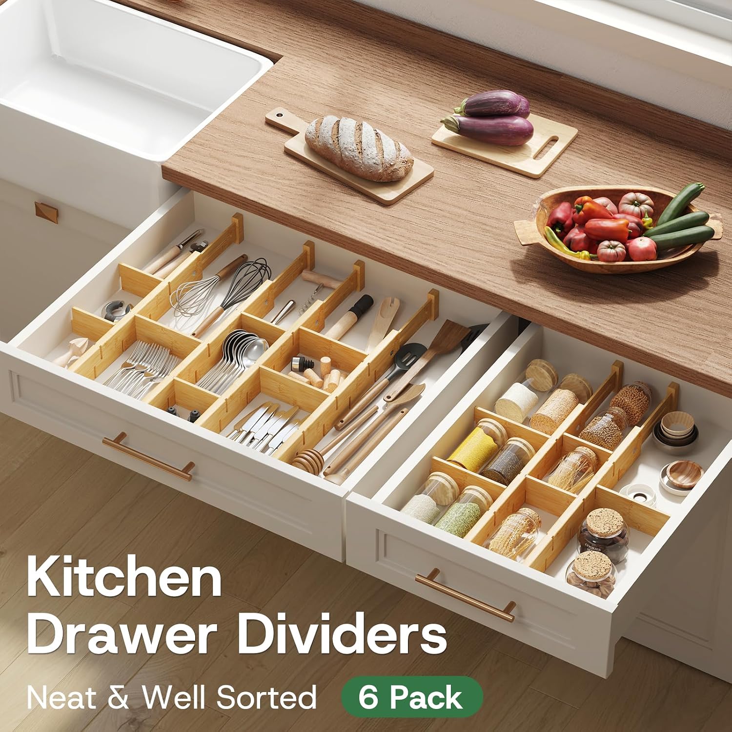 kiplant Bamboo Drawer Dividers - Adjustable Drawer Dividers for Kitchen, Clothes, Closet & Office - 6 Pack with Inserts, 18-22.6 Inches, Non-Slip Silicone Ends