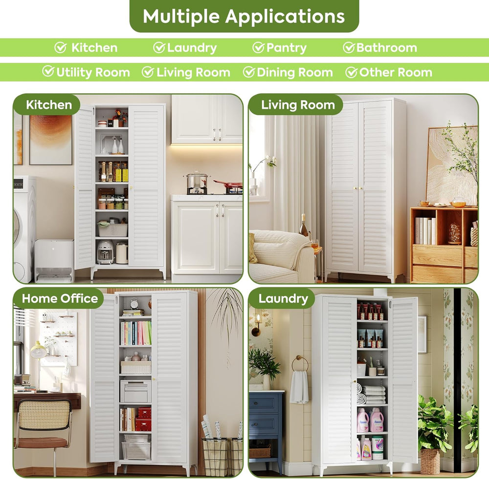 74" H Tall Kitchen Pantry Cabinet with Louvered Doors, Metal Storage Cab...