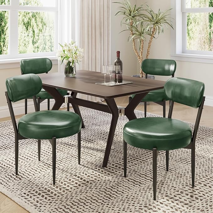 Upholstered Dining Chairs Set of 4, PU Leather Dining Room Chairs with Sturdy Metal Legs, Kitchen Chairs for Dining Room/Kitchen/Restaurant/Hotel, Modern Style, Green