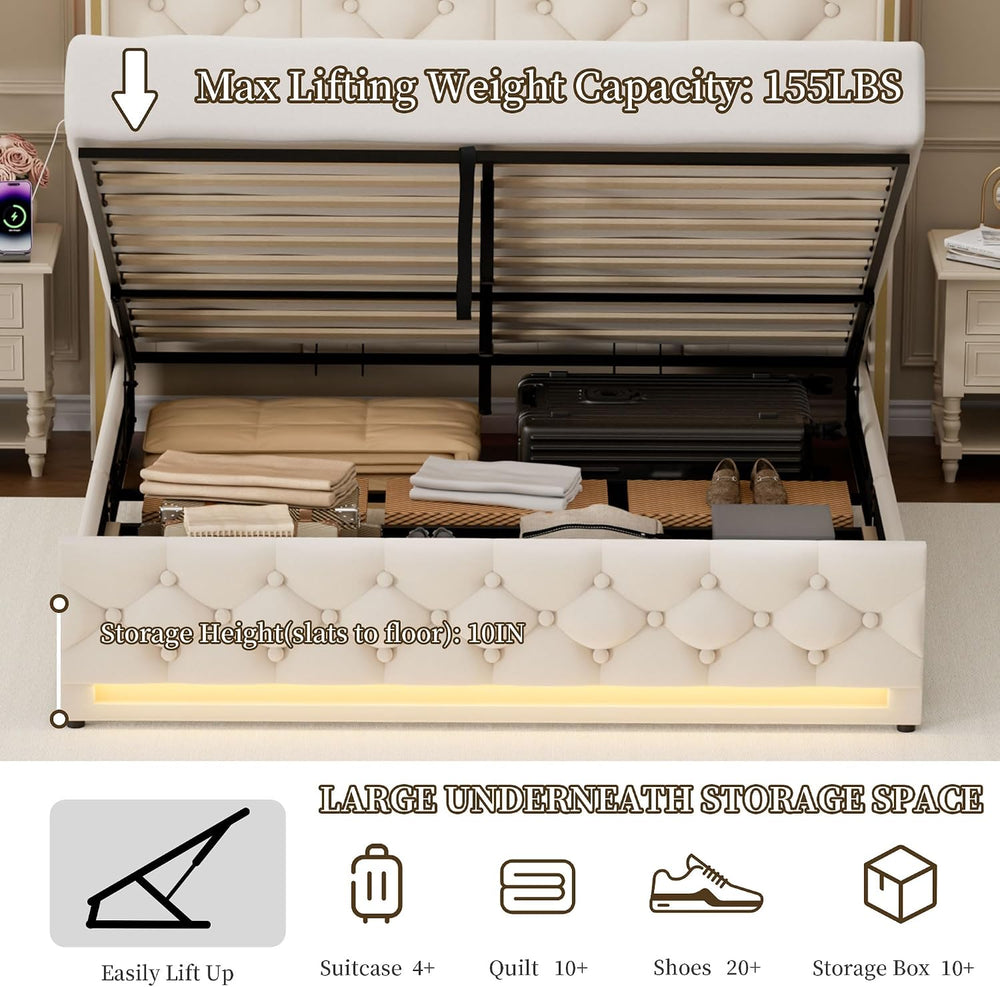 58" Tall Hydraulic Lift Up Storage Bed Frame Full Size, Beige