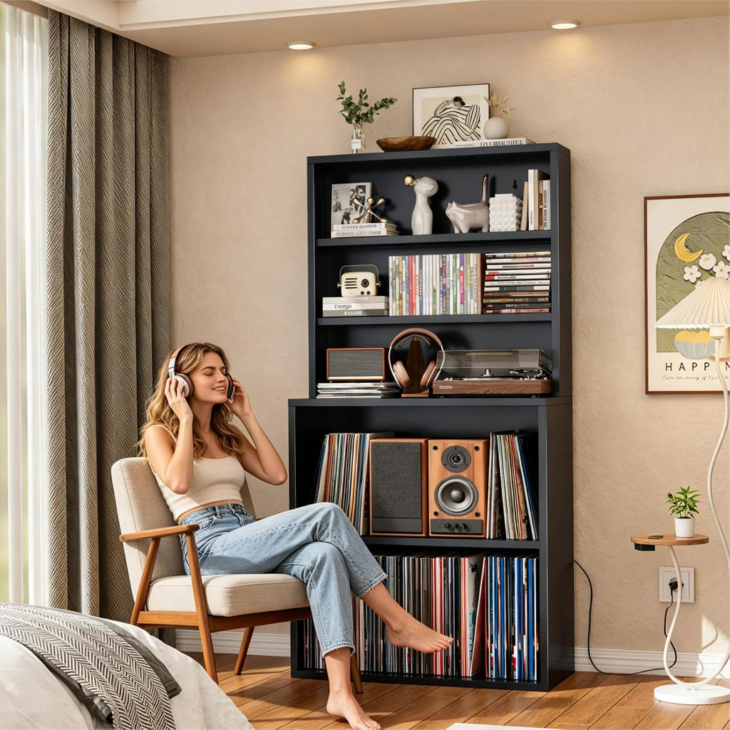 CD Storage Rack, 5-Tier DVD Organizer Shelf with Record Player Stand, Media Cabinet for CDs, DVDs, Albums, Books & Games, Vinyl Record Holder & CD Tower for Living Room, Music Room (Black)
