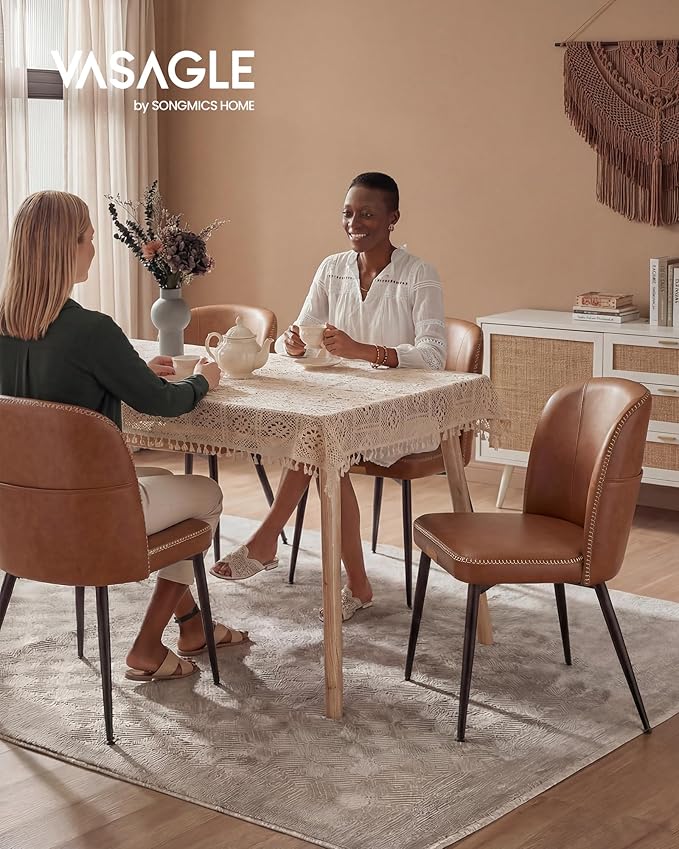 VASAGLE EKHO Collection - Dining Chairs Set of 4, Upholstered Kitchen Chairs, Comfortable Seat, Synthetic Leather with Stitching, Mid-Century Modern, Easy Assembly, with Storage Pocket, Caramel Brown