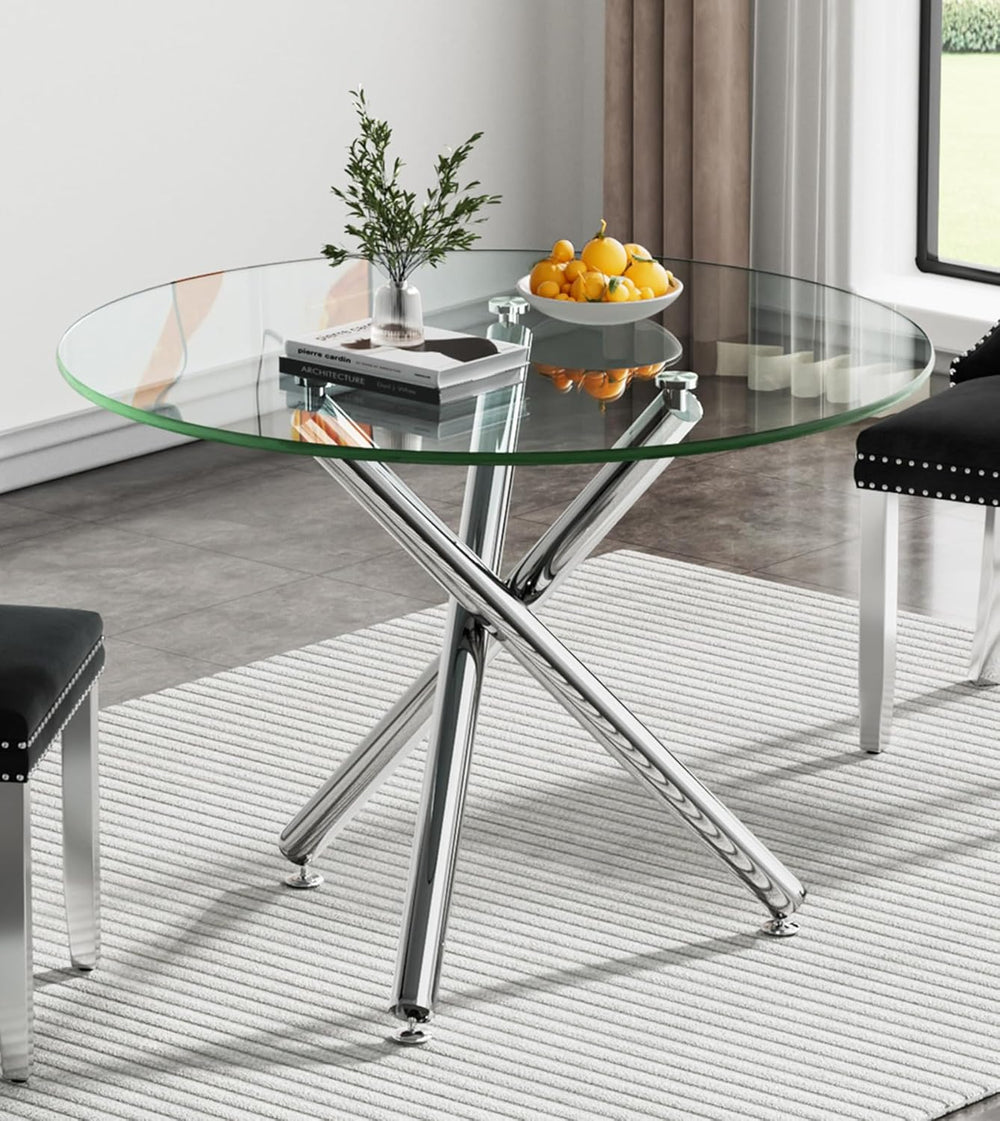 Modern Round Dining Table for 2 4 People, 36 in Glass Kitchen Dining Room Tab...