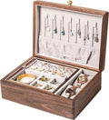 Wooden Jewelry Box, Two Layer Medium Size Real Natural Solid Walnut Wood, Vintage Organizer with Earring Storage, Ring Compartments, Built in Necklace Hooks, Watch Cushions, ek16-m-grey