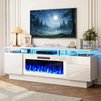 Fireplace TV Stand with White Fireplace, 70 Inch White Fire Place TV Stands for Living Room, Modern Electric Fireplace TV Stand with Cabinets & Acrylic Columns, Entertainment Center for TVs Up to 80"