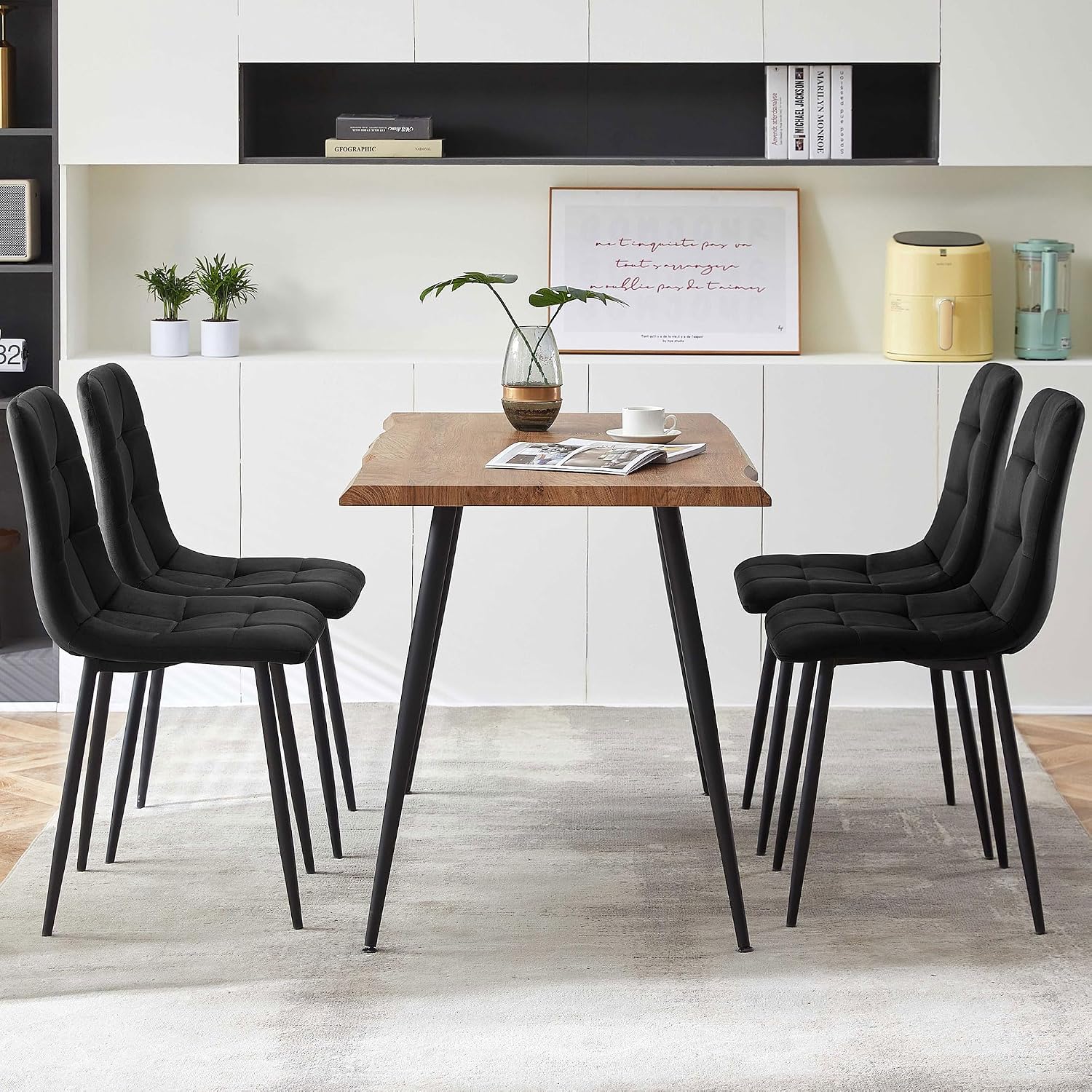 Rectangular Dining Table Set with Upholstered Chairs - Modern Kitchen Table and Chairs Set of 4 for Small Spaces - Black