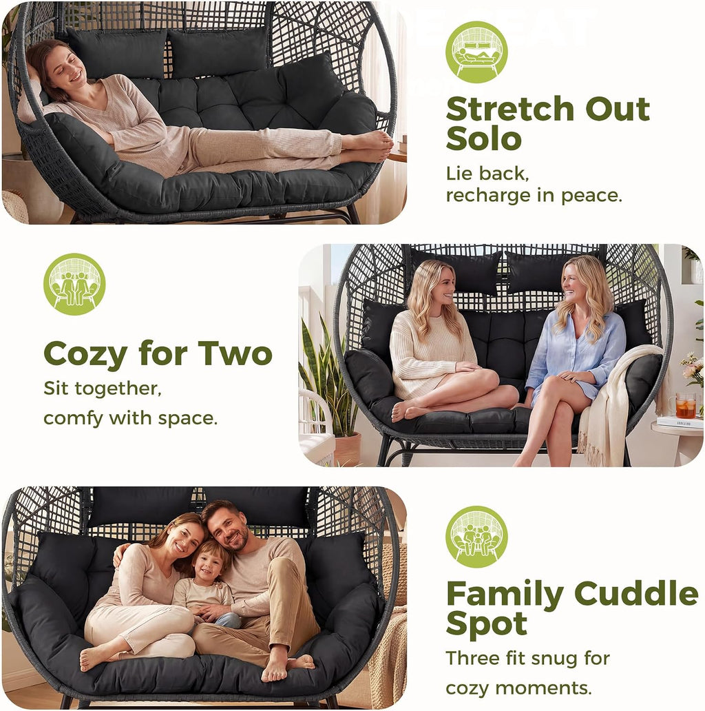 RADIATA Double Egg Chair with Ottoman, 2 Person Outdoor Wicker Loveseat | Outdoor foot rest for Patio, 57.1" Extra Wide Indoor Lounge Chairs, 6.5" Grey Cushion, 2 Seater Person Wicker Seating