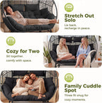 RADIATA Double Egg Chair with Ottoman, 2 Person Outdoor Wicker Loveseat | Outdoor foot rest for Patio, 57.1" Extra Wide Indoor Lounge Chairs, 6.5" Grey Cushion, 2 Seater Person Wicker Seating