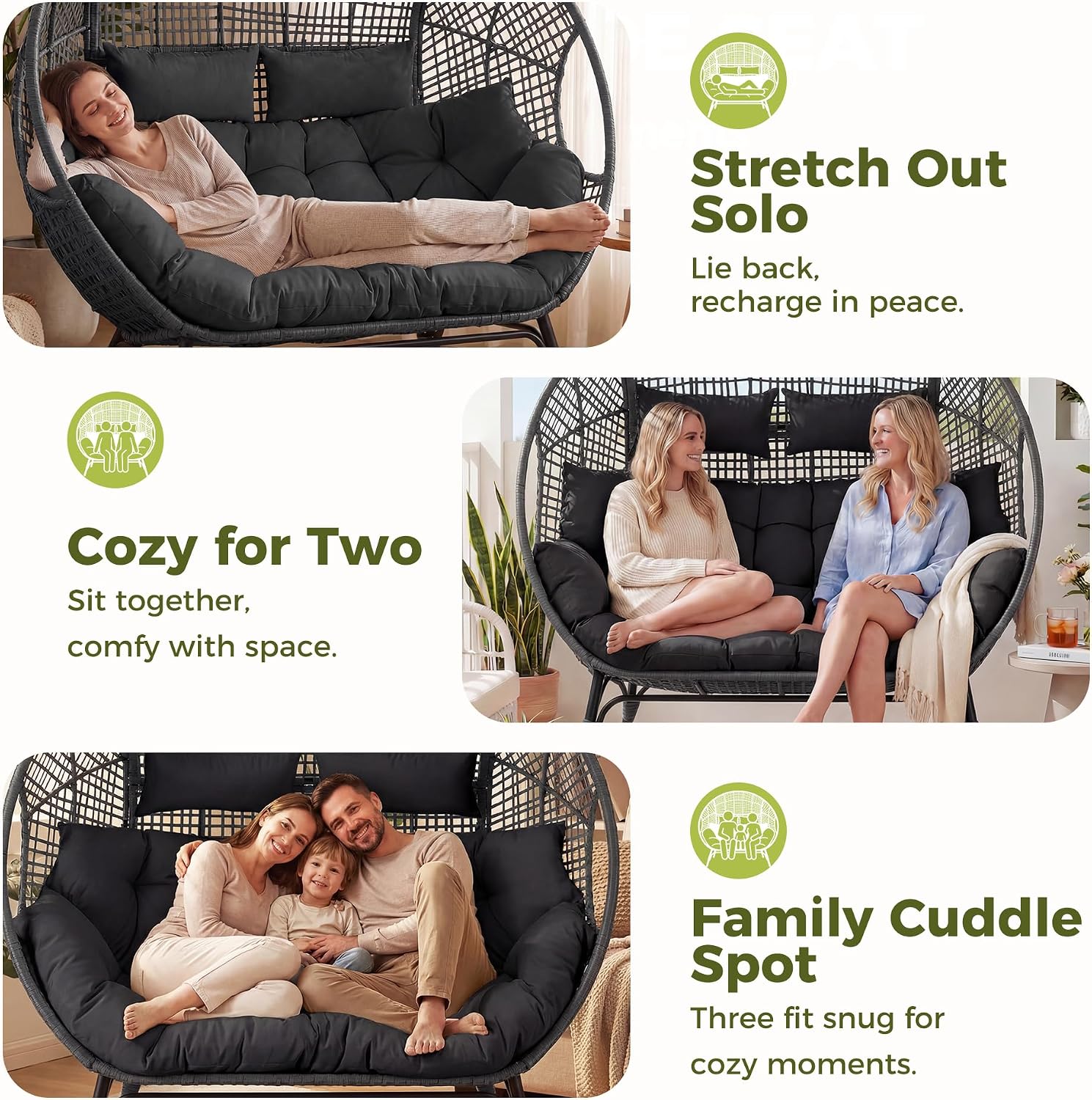 RADIATA Double Egg Chair with Ottoman, 2 Person Outdoor Wicker Loveseat | Outdoor foot rest for Patio, 57.1" Extra Wide Indoor Lounge Chairs, 6.5" Grey Cushion, 2 Seater Person Wicker Seating