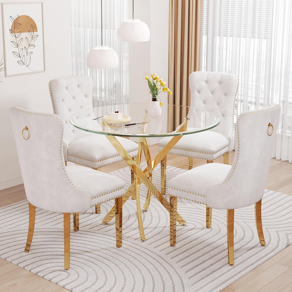 Glass Dining Table Set for 4, 5-Piece Round Tempered Glass Kitchen Table Set ...