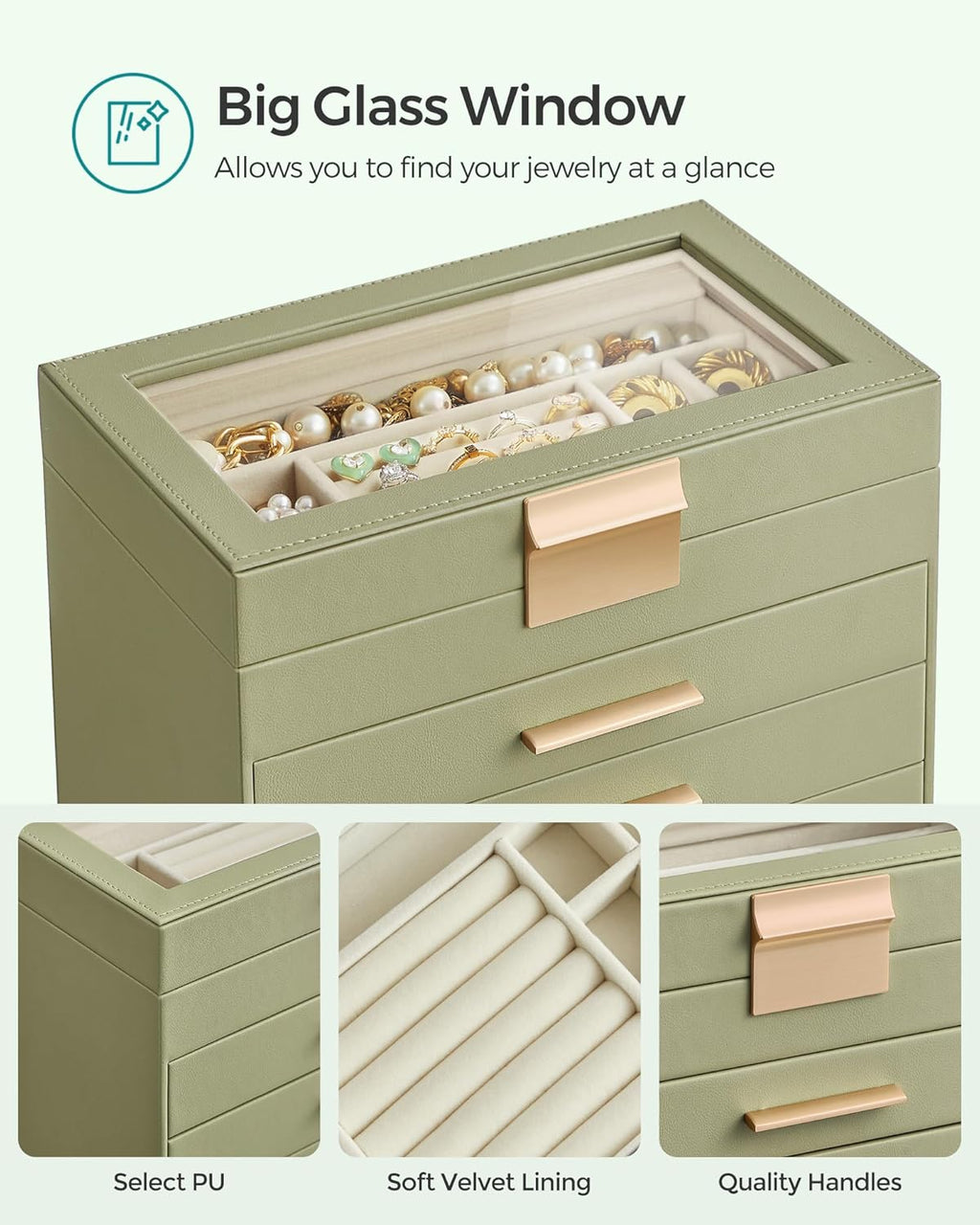 SONGMICS Jewelry Box Organizer with Glass Lid, 4-Layer Jewelry Storage, with 3 Drawers, Modern Style, Christmas Gift, 6 x 9.9 x 8.5 Inches, Laurel Green UJBC161C02