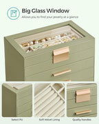 SONGMICS Jewelry Box Organizer with Glass Lid, 4-Layer Jewelry Storage, with 3 Drawers, Modern Style, Christmas Gift, 6 x 9.9 x 8.5 Inches, Laurel Green UJBC161C02