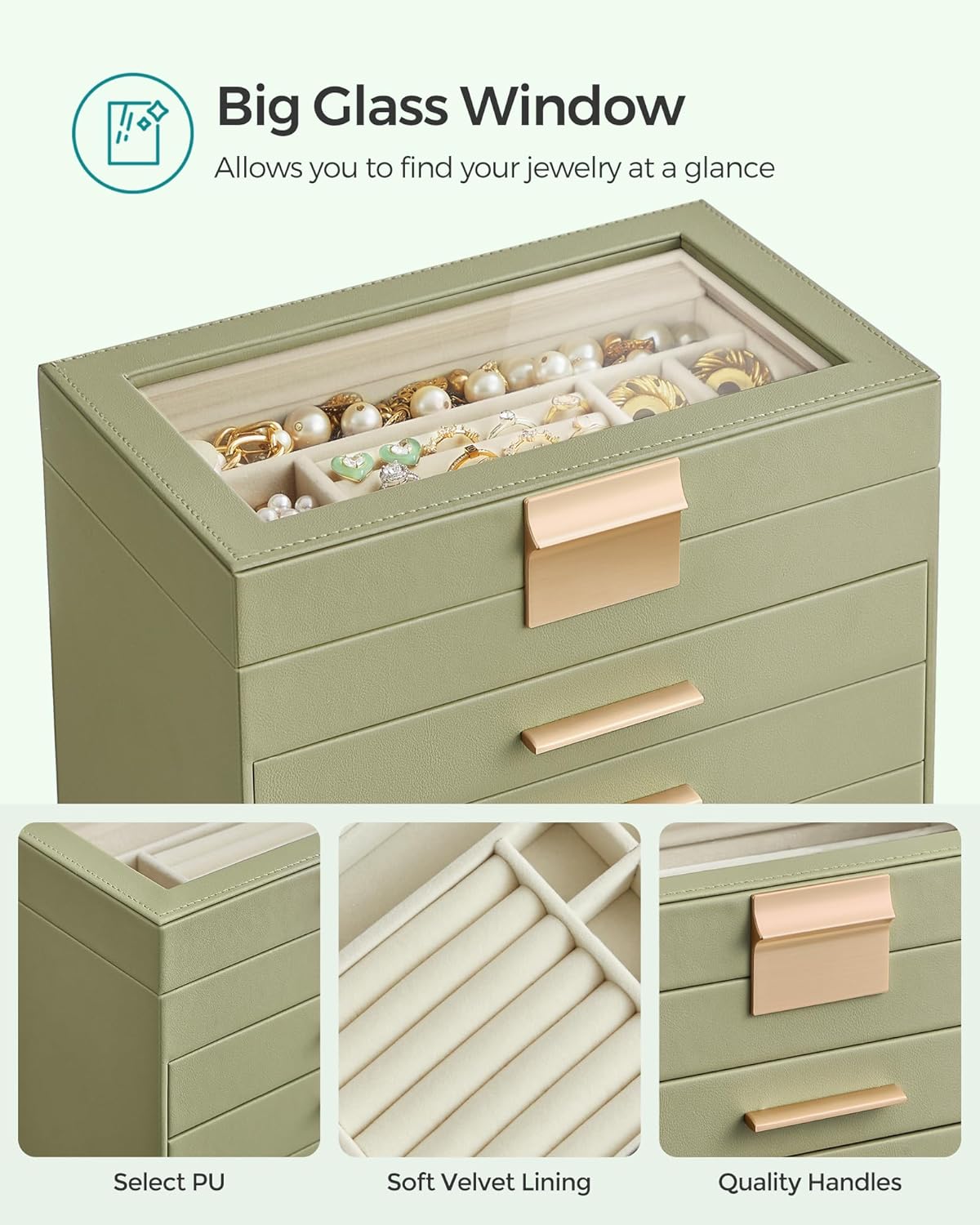 SONGMICS Jewelry Box Organizer with Glass Lid, 4-Layer Jewelry Storage, with 3 Drawers, Modern Style, Christmas Gift, 6 x 9.9 x 8.5 Inches, Laurel Green UJBC161C02