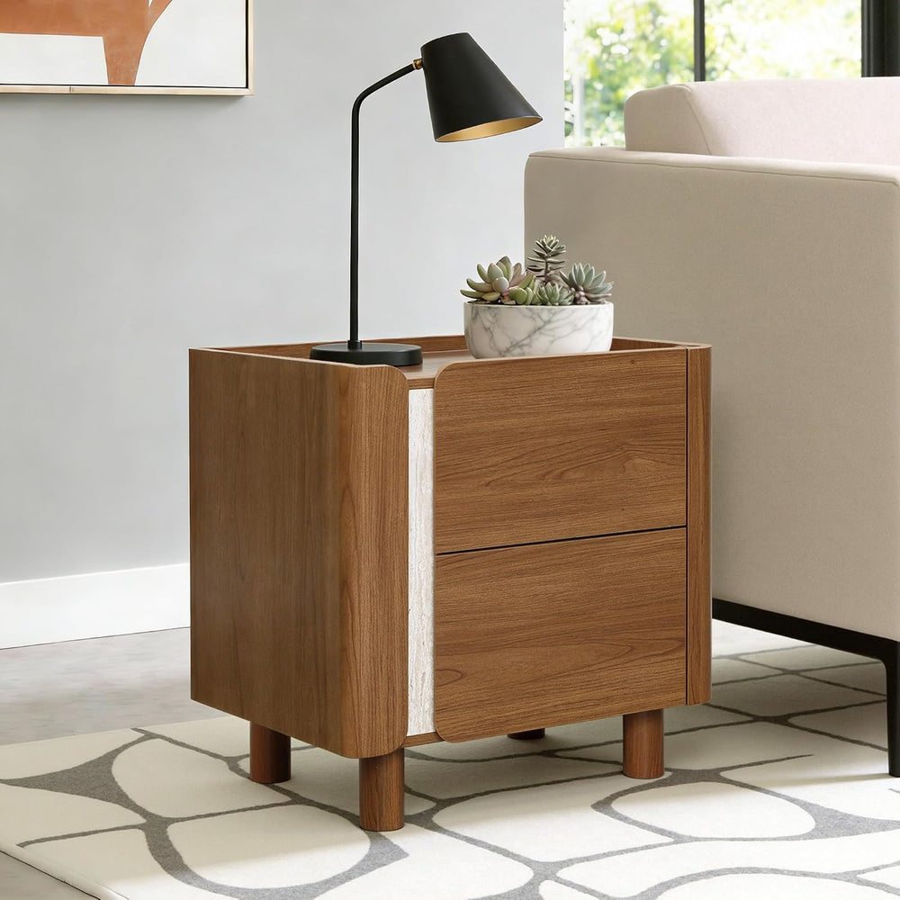 LuxenHome 21.6" Brown Nightstand with 2 Drawers, Mid Century Modern Nigh...