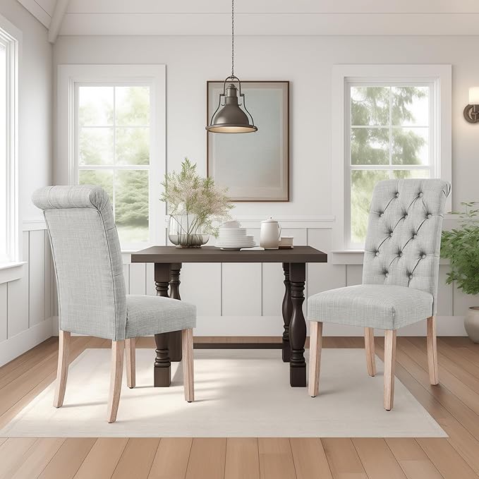 CHUN YI Dining Chairs Set of 8, Button Tufted Upholstered Fabric Dining Room Chairs with Solid Wood Legs and Curved Back, Parsons Side Chairs for Kitchen, Light Grey