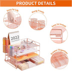 Lavatino 4-Tier Desk Paper Letter Tray Organizer for Desk Accessories & Workspace Organizers with Drawer and 2 Pen Holder for Home, School, Office Supplies Storage (Rose Gold)