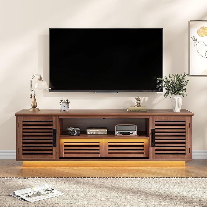 Maupvit Mid Century Modern TV Stand with LED Light for 50/55/60 inch TV, Retro Entertainment Center with Storage Cabinet & Slatted Doors & Grille Drawers, TV Media Console for Living Room, Bedroom