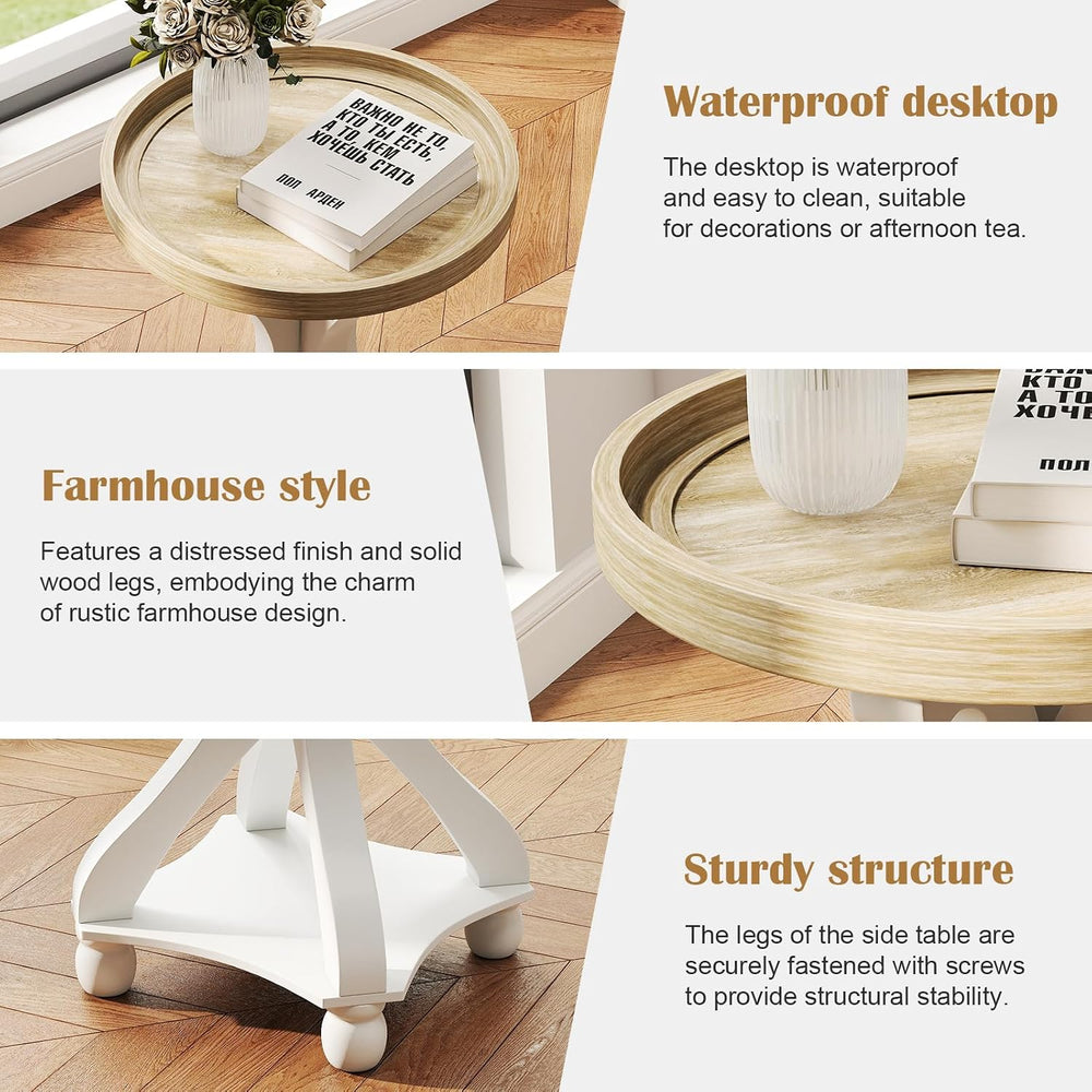 kinbor Farmhouse End Table - Round Pedestal Side Table, French Country Style ...