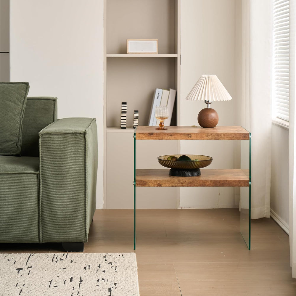 Glass Side Table Modern Design: Two-Tier Walnut MDF Frame & Tempered Glas...