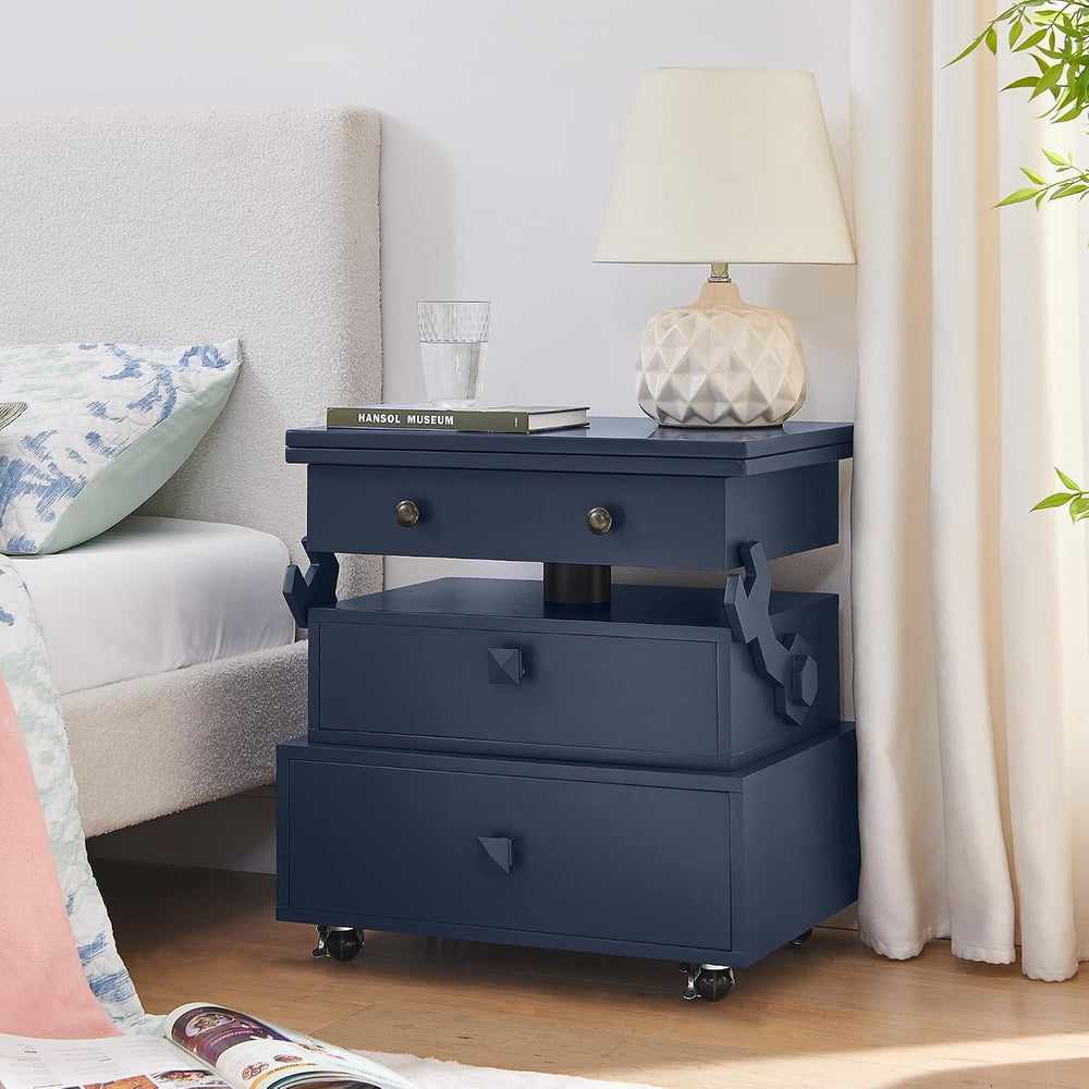 Virubi Adjustable Height Flip-Top Side Table with 2 Drawers & Charging St...