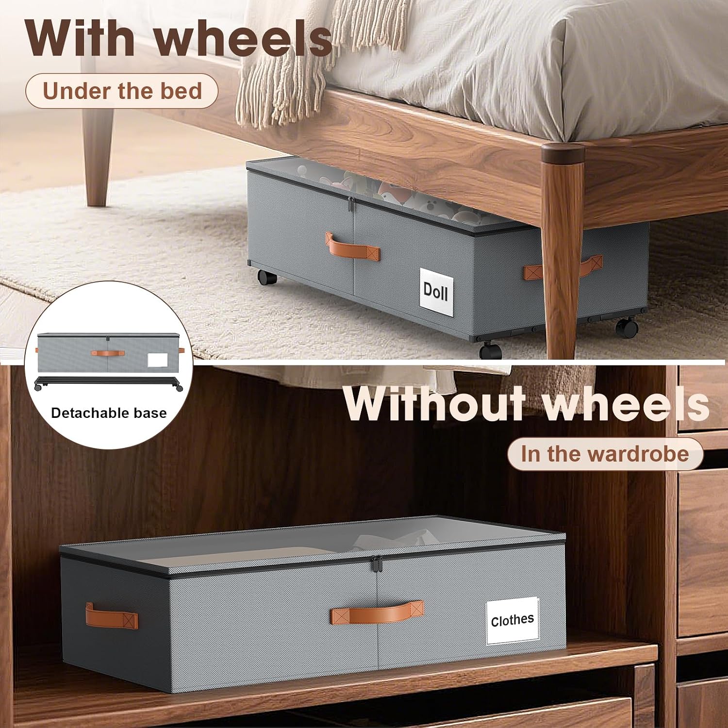 Eastherry Under Bed Storage Containers with Wheels, 9.5 inches Higher Underbed Shoes Blankets Clothes Toy Storage Drawers for College Dorms Bedrooms Nursery Rooms Organization, 2 Pack to be Assembled