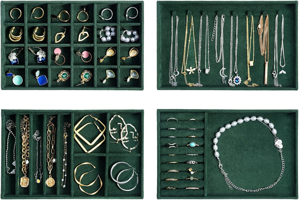 ProCase Stackable Jewelry Organizer Trays for Drawers, Jewelry Drawer Inserts Container Display Case Storage for Earring Necklace Rings Bracelet with Removable Dividers -Green, 4 Layers
