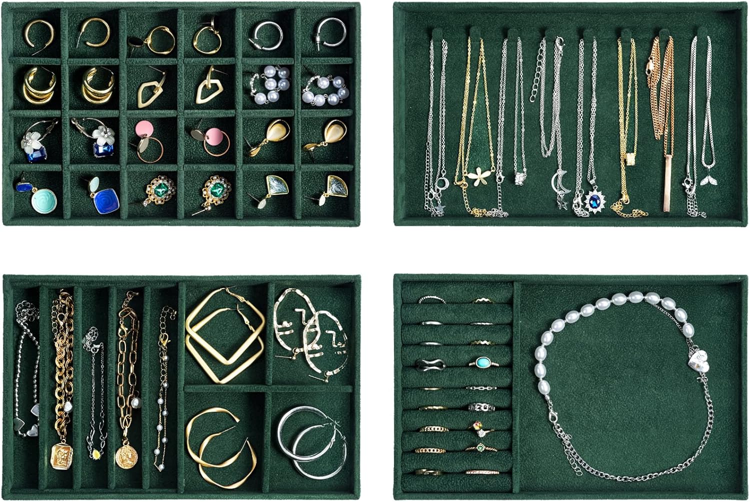 ProCase Stackable Jewelry Organizer Trays for Drawers, Jewelry Drawer Inserts Container Display Case Storage for Earring Necklace Rings Bracelet with Removable Dividers -Green, 4 Layers