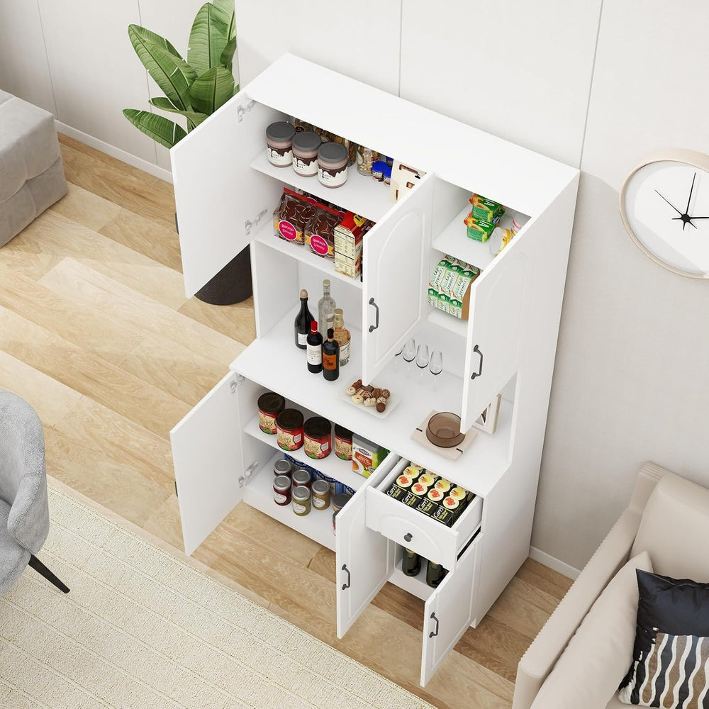 White 71" Kitchen Pantry Storage Cabinet, Freestanding Floor Hutch Cabin...