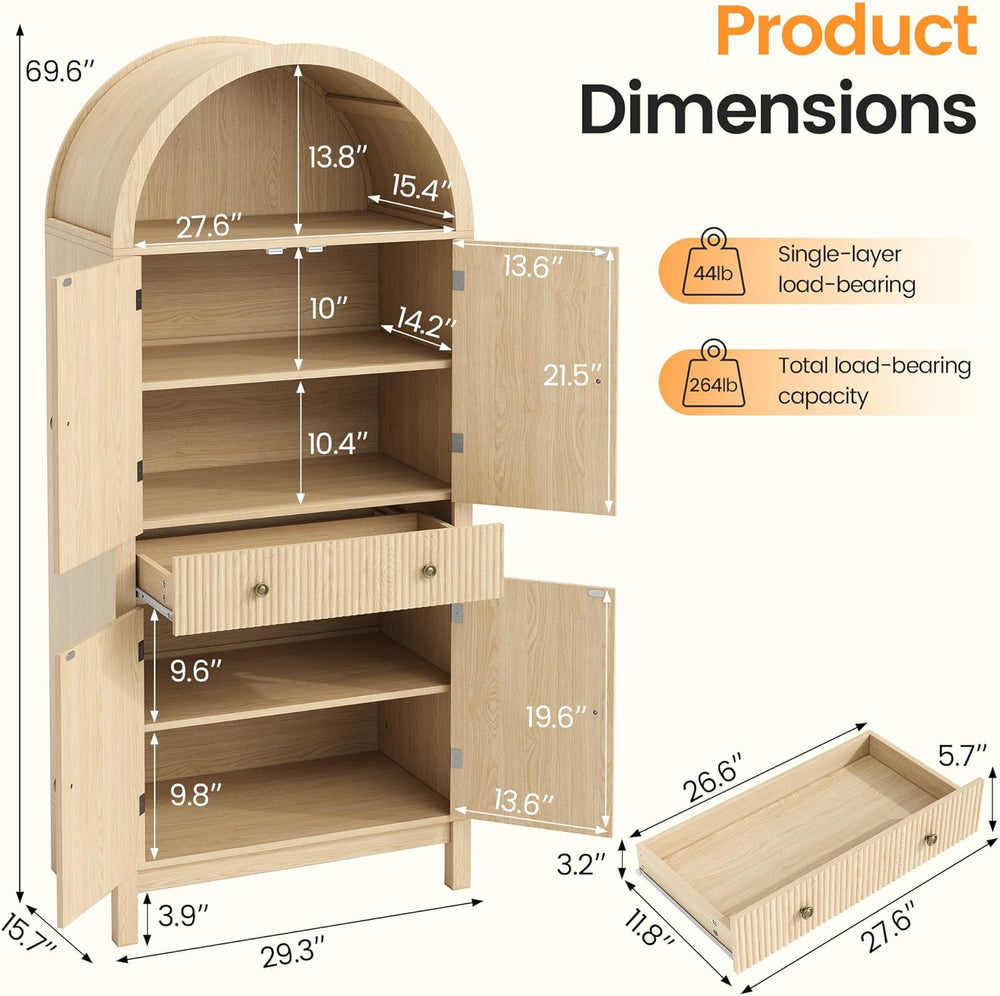 Apicizon 70" Tall Arched Kitchen Pantry Cabinet, 6-Tier Modern Fluted Wo...