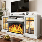 MXV 70'' Fireplace TV Stand, Farmhouse Entertainment Center with 3 Sided Glass TV Stand, Modern Media Console Table with Storage Drawers & Cabinets with LED Flame and Lights for Living Room, White
