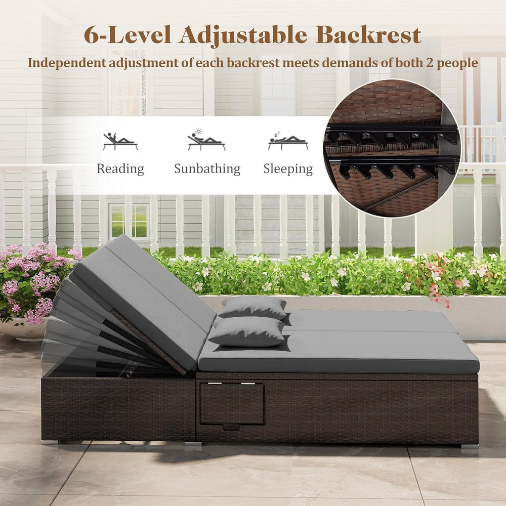 Tangkula Outdoor Rattan Daybed with 6-Level Adjustable Backrests, 2-Person Ad...