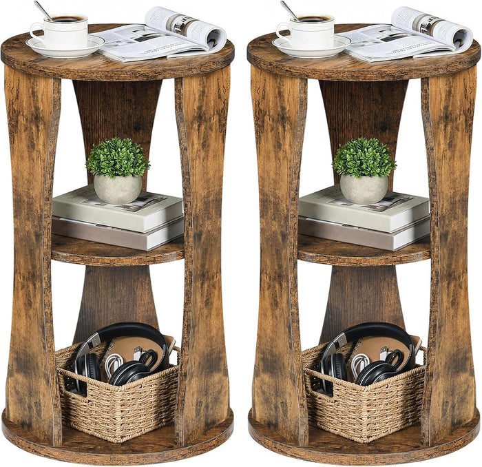YATINEY Round Side Table Set of 2, 3-Tier Small End Table with Storage Shelves, Wooden Accent Table for Living Room, Bedroom, Rustic Brown ET15L2BR