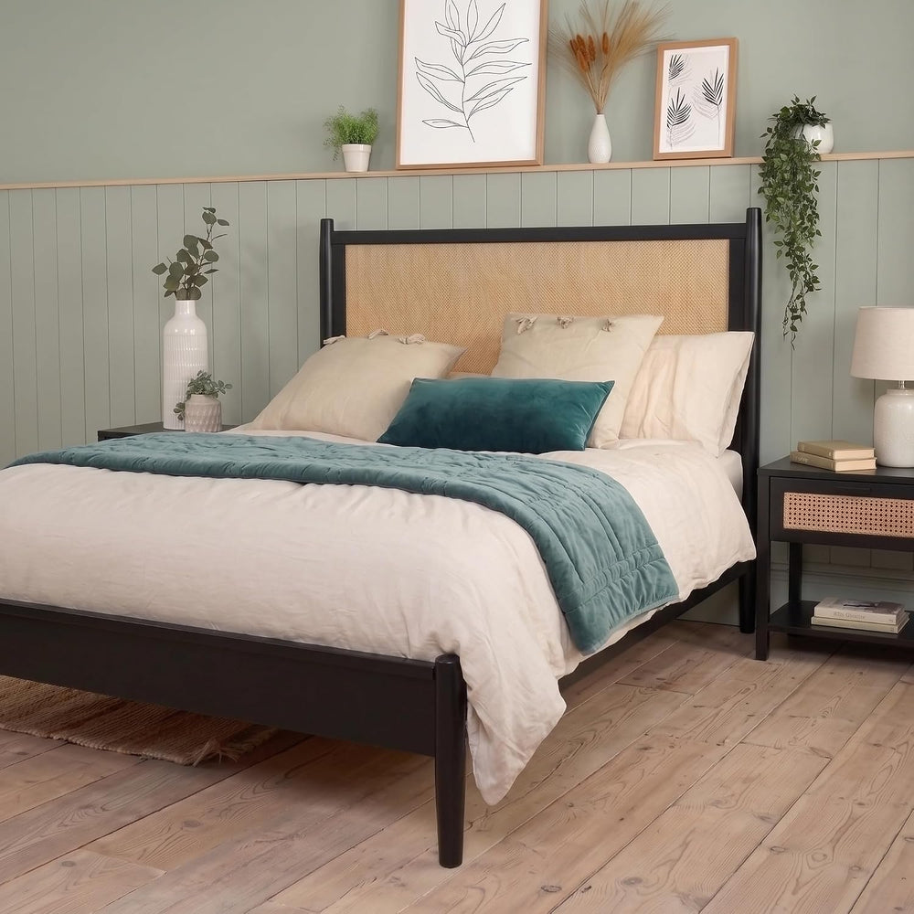 Merax Black Queen Size Platform Bed Frame with Rattan Headboard