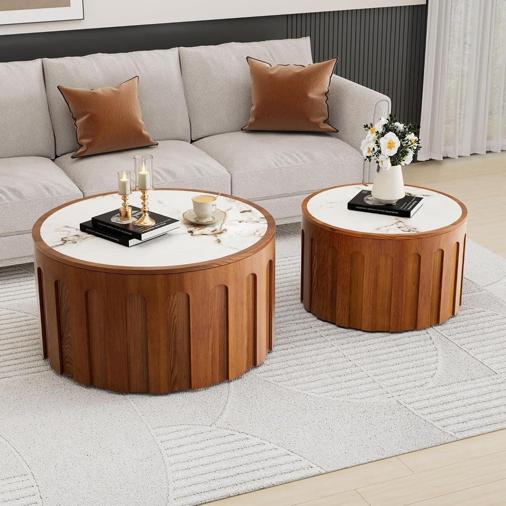 26.4" Round Nesting Coffee Table Set of 2, White | Fluted Wood Accent Ba...
