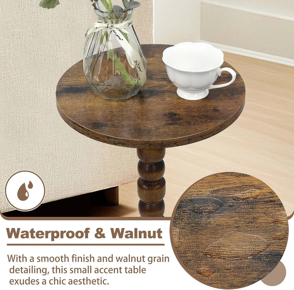 Round Side Table, Small End/Drink Table for Small Spaces, Modern Accent Tables with Solid Wood Leg for Bedroom, Living Room, Corners and Office (Rustic Brown)