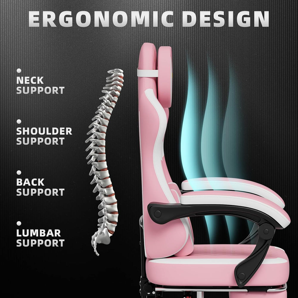Ergonomic Gaming Chair with Footrest & Massage Lumbar Pillow, Height Adju...